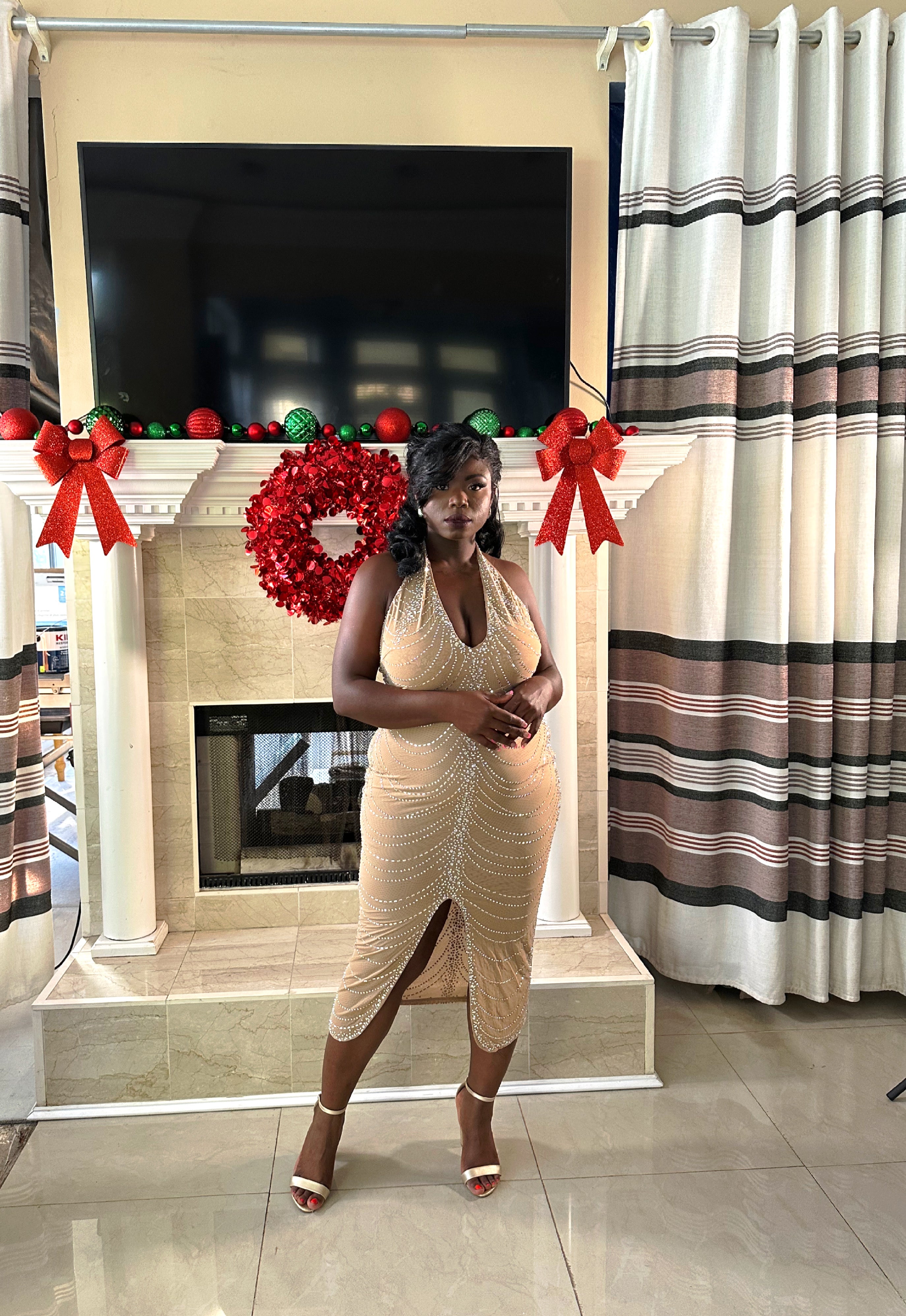 Plus- The Gatsby Pearl Halter Gown