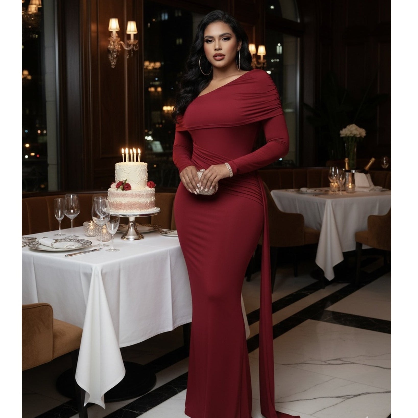 The "Aria" Ruched Drape Gown- Burgundy