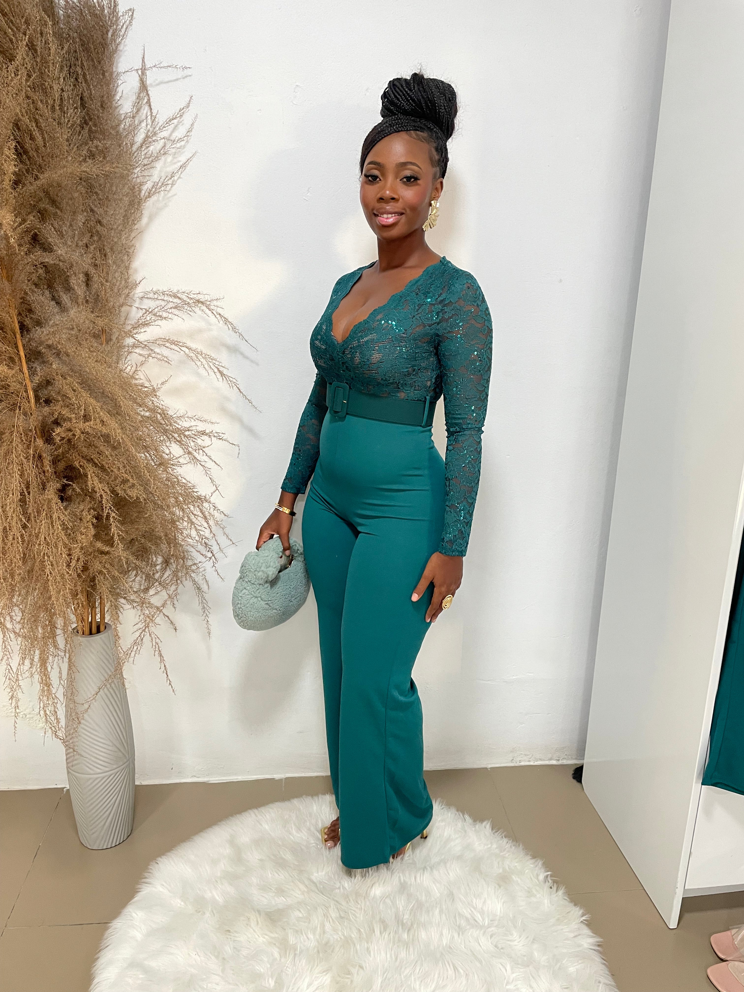 Lace sleeves Belted Jumpsuit