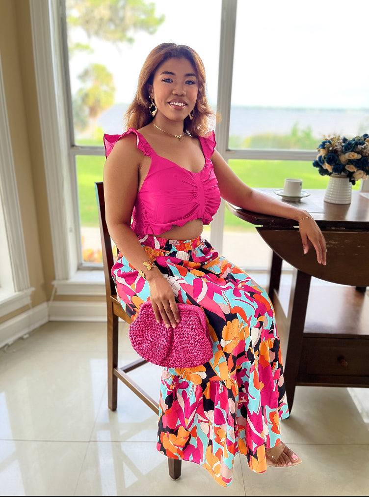 Golden Tropics Skirt set- Fuchsia