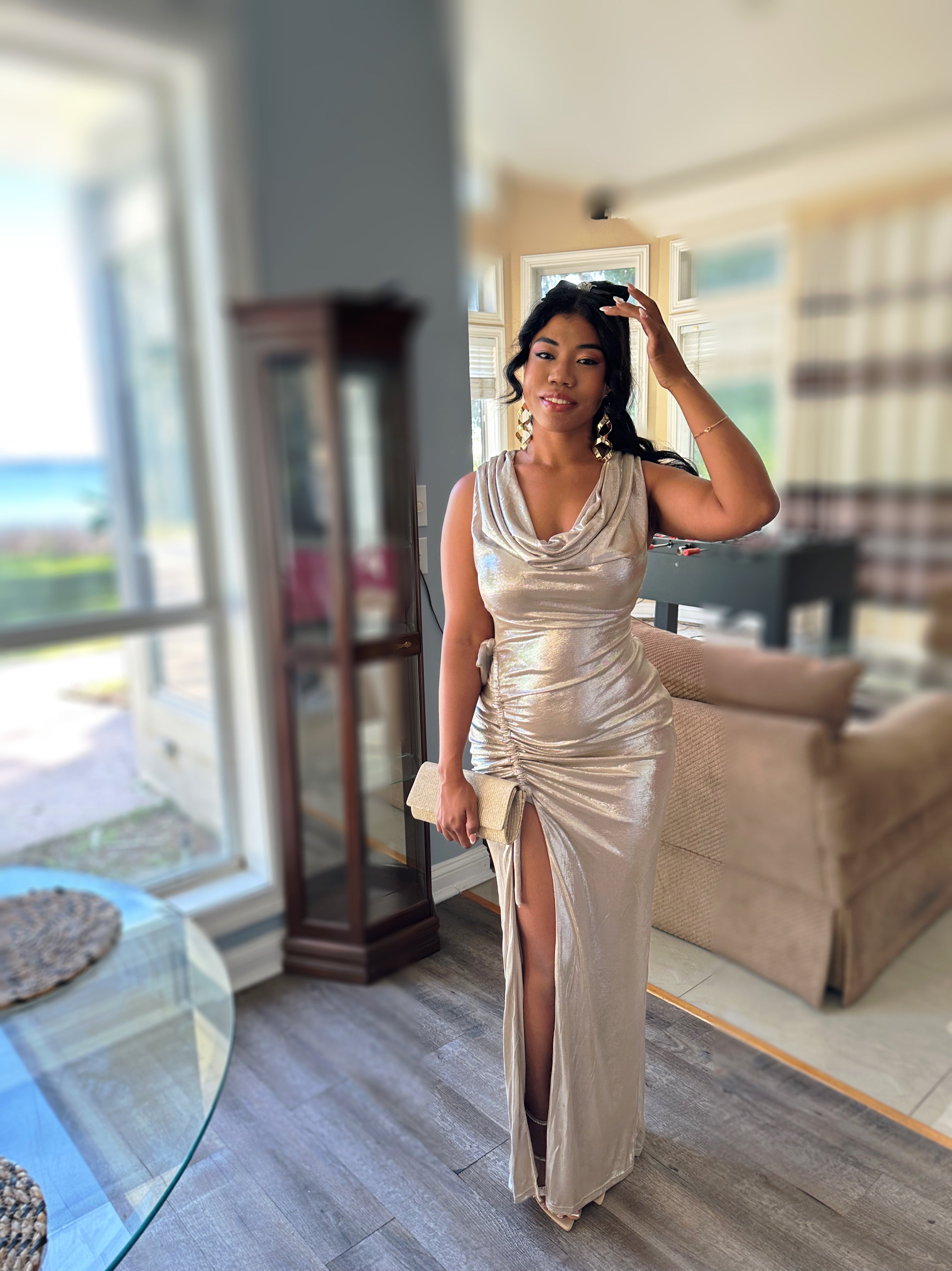 The Celesté Metallic Ruched Gown