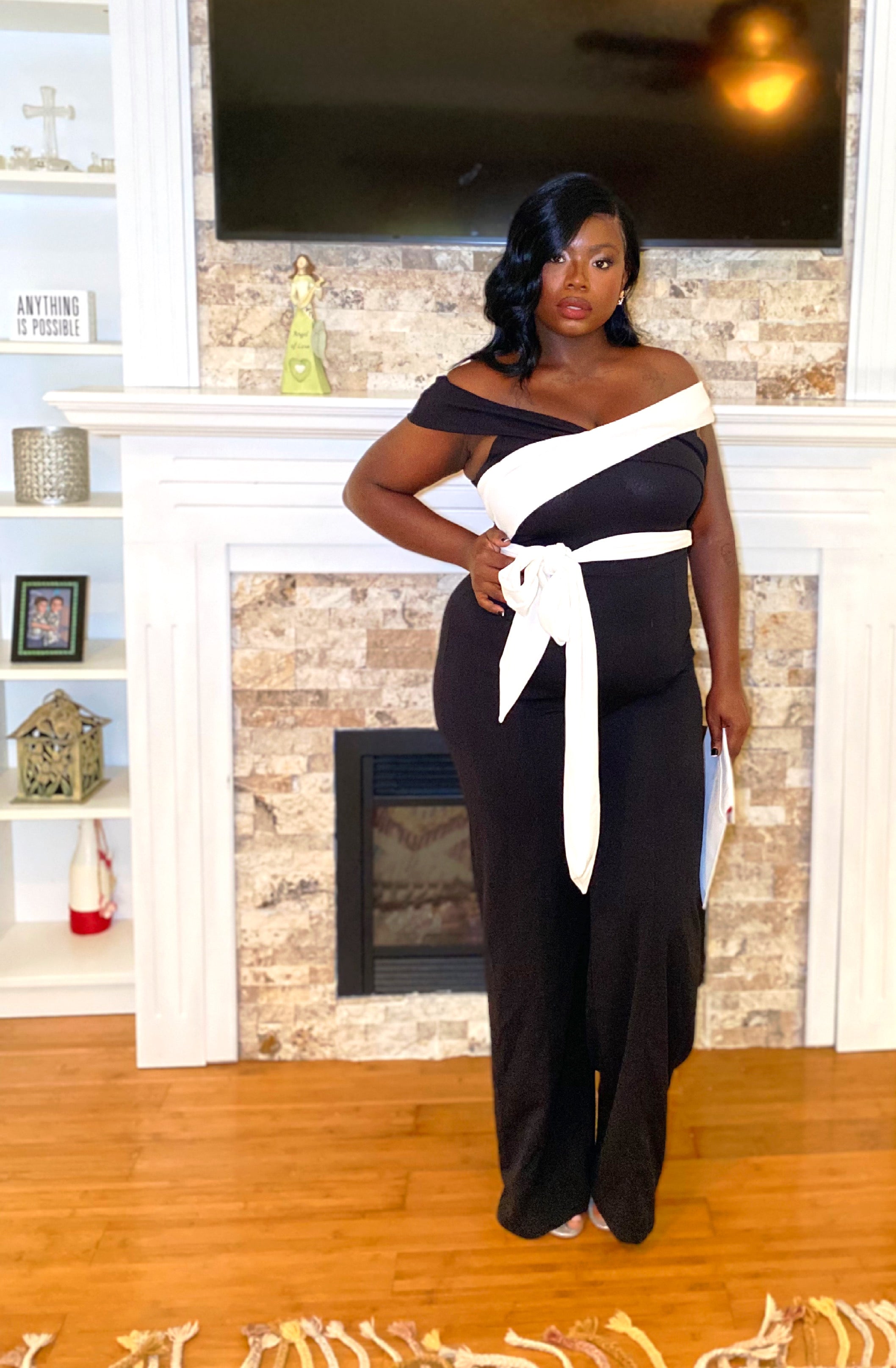 Black white tie front jumpsuit
