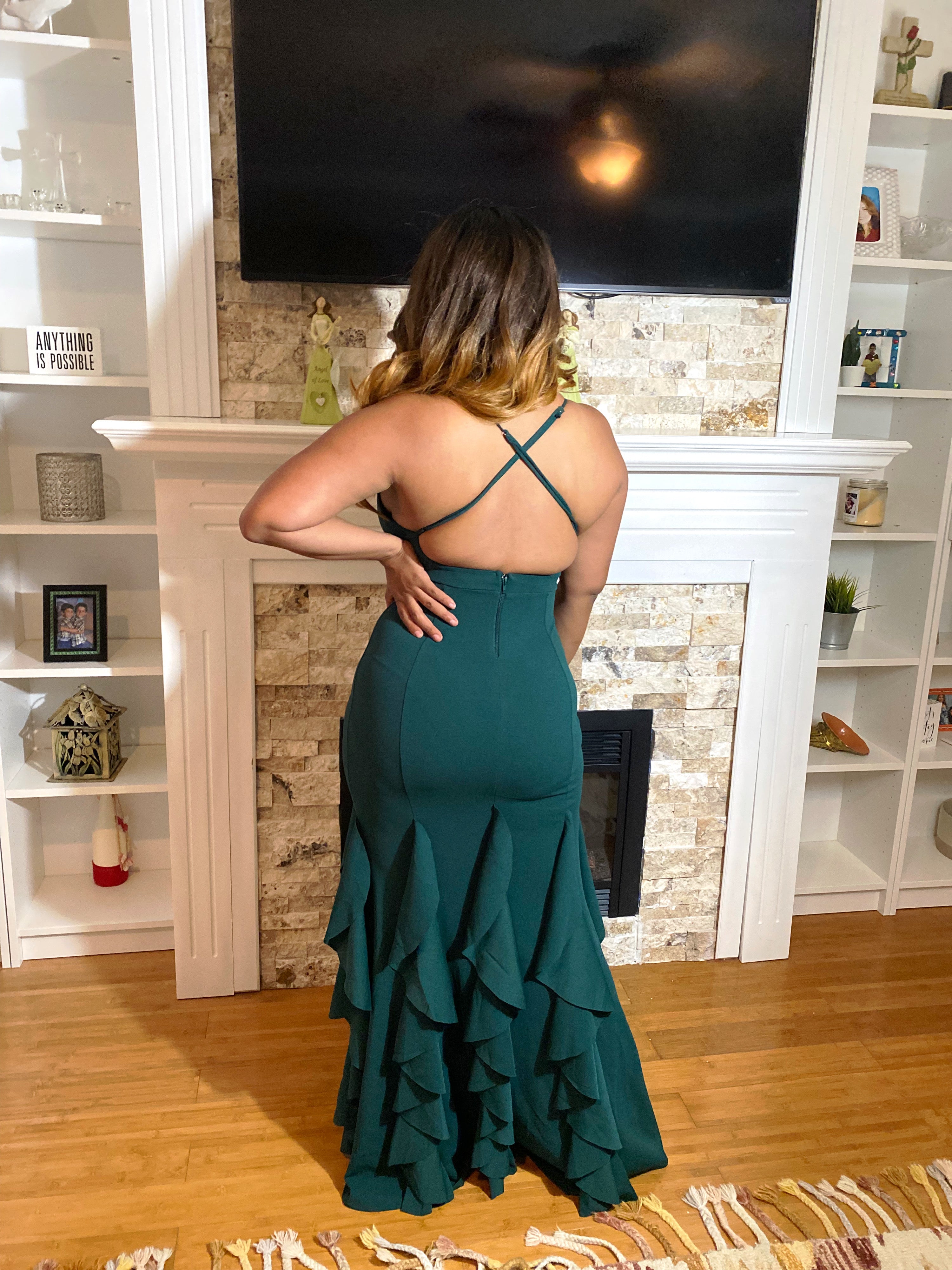 Hunter green ruffles evening dress