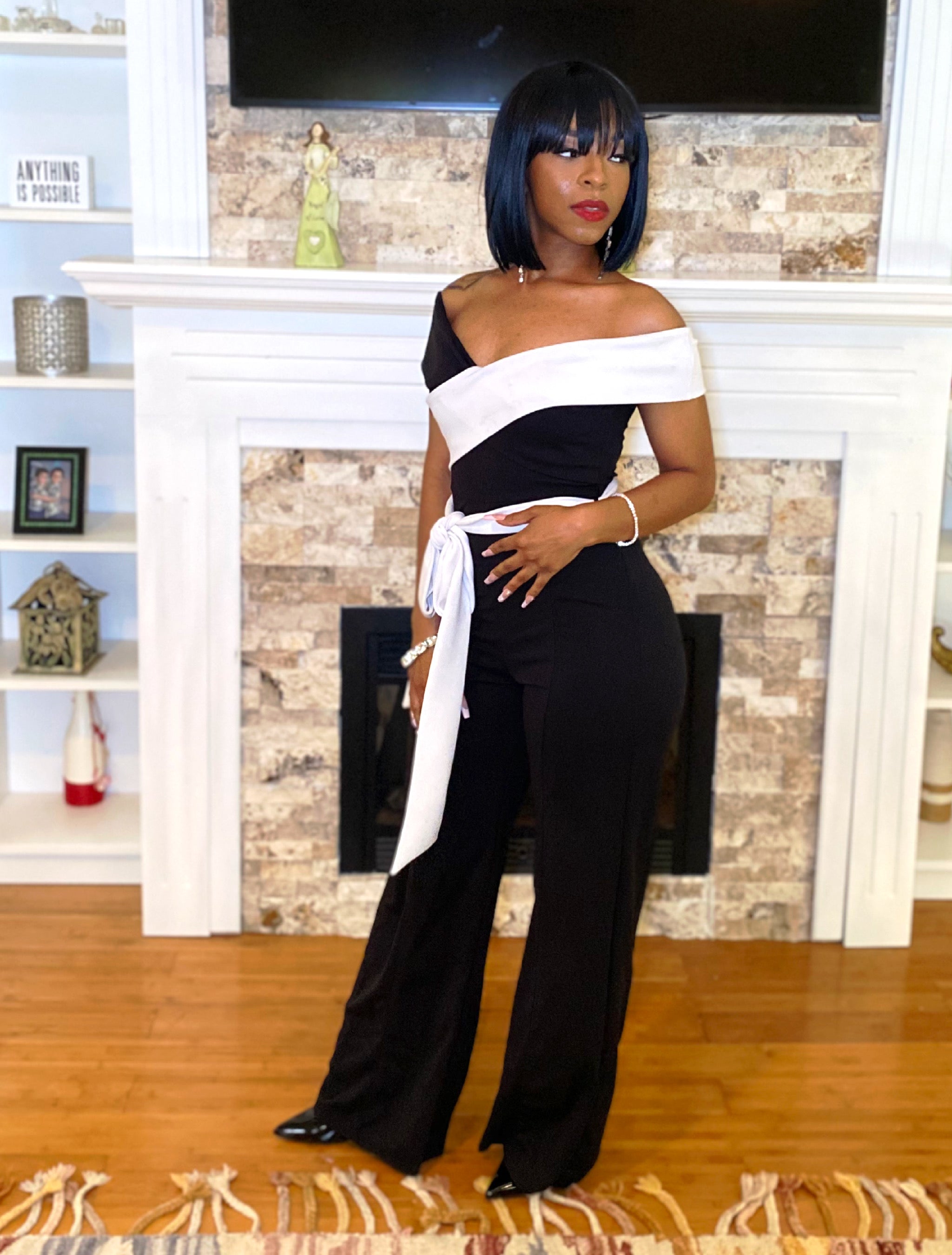 Black white tie front jumpsuit