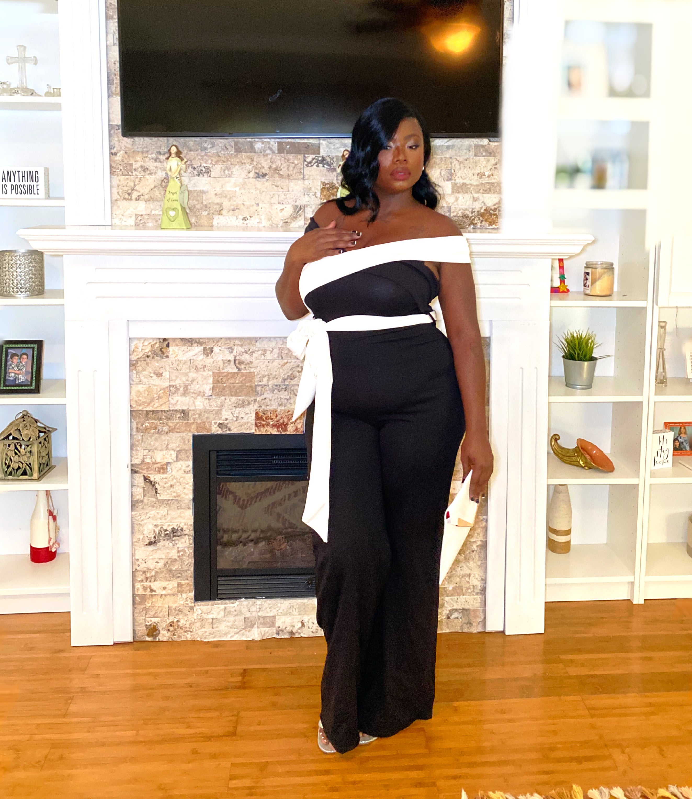 Black white tie front jumpsuit