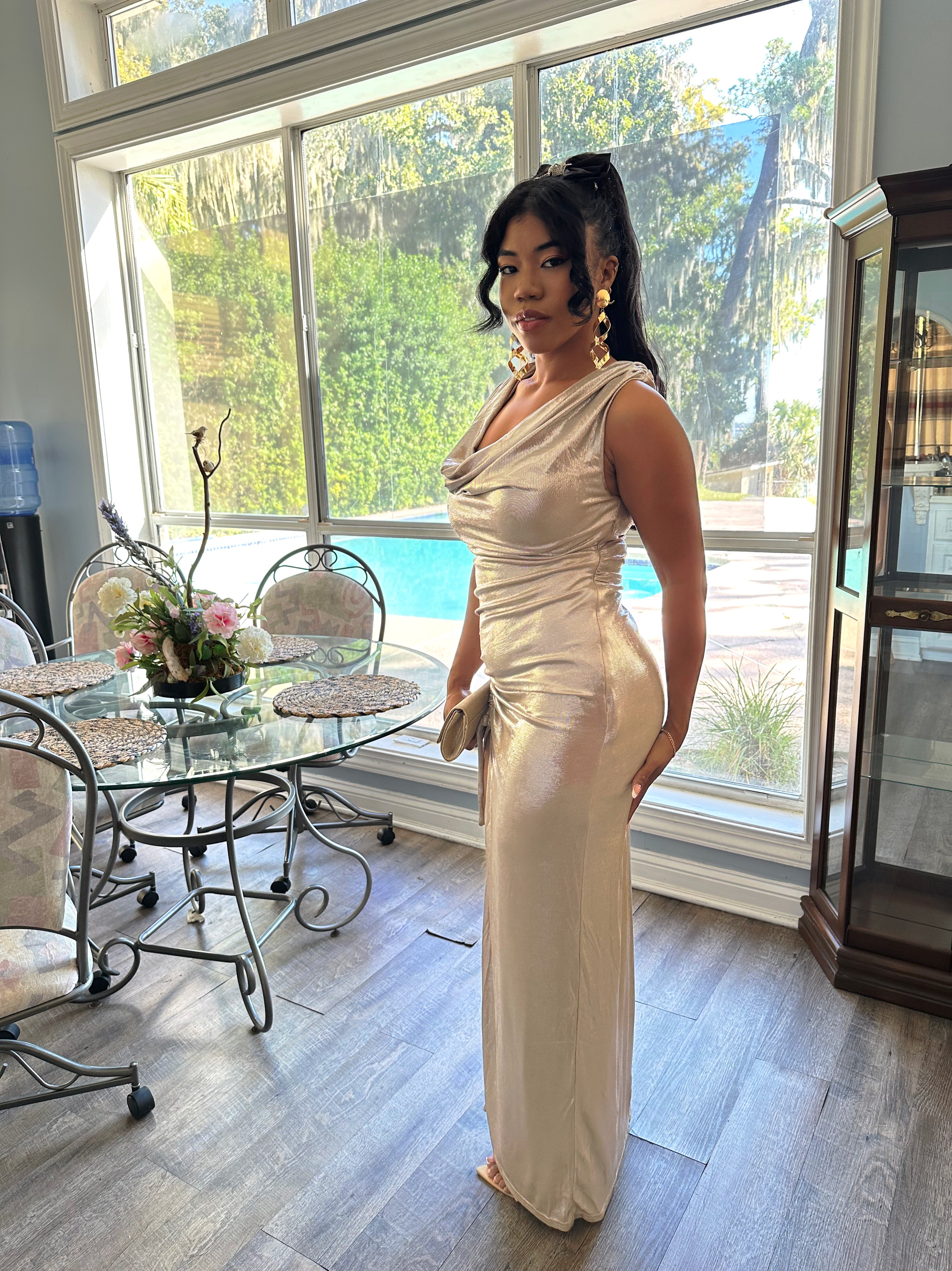 The Celesté Metallic Ruched Gown