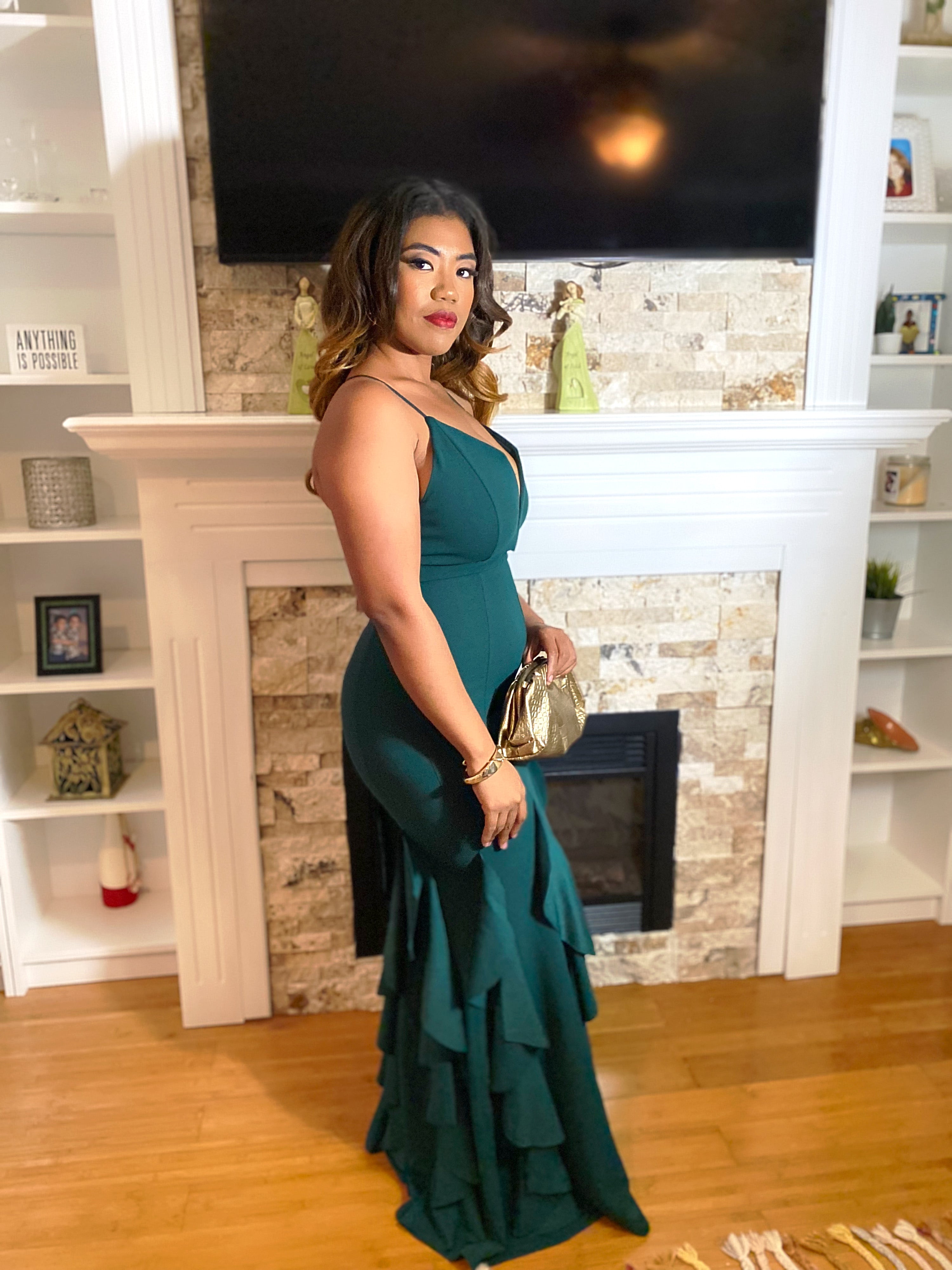 Hunter green ruffles evening dress