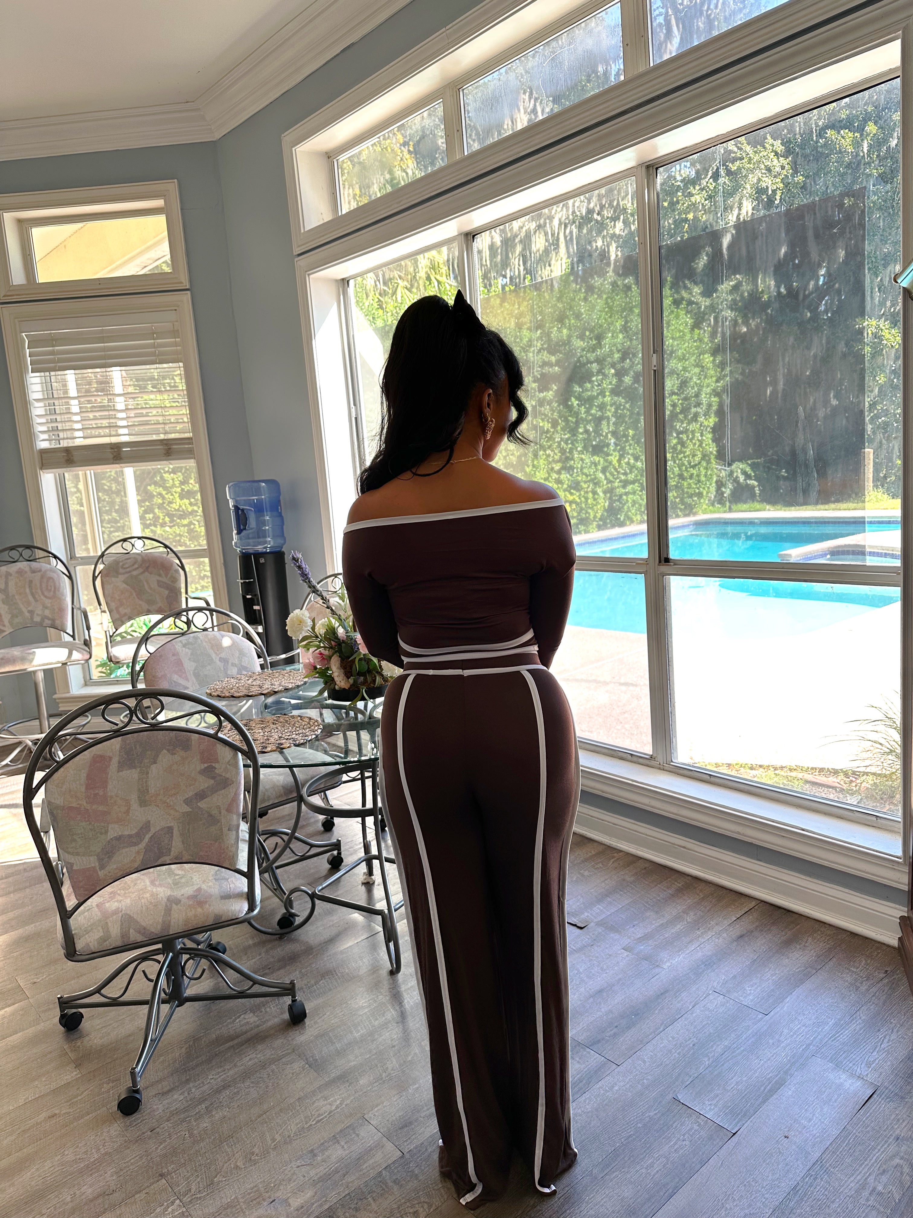 The Rochelle Off-Shoulder Two-Piece Set- Brown