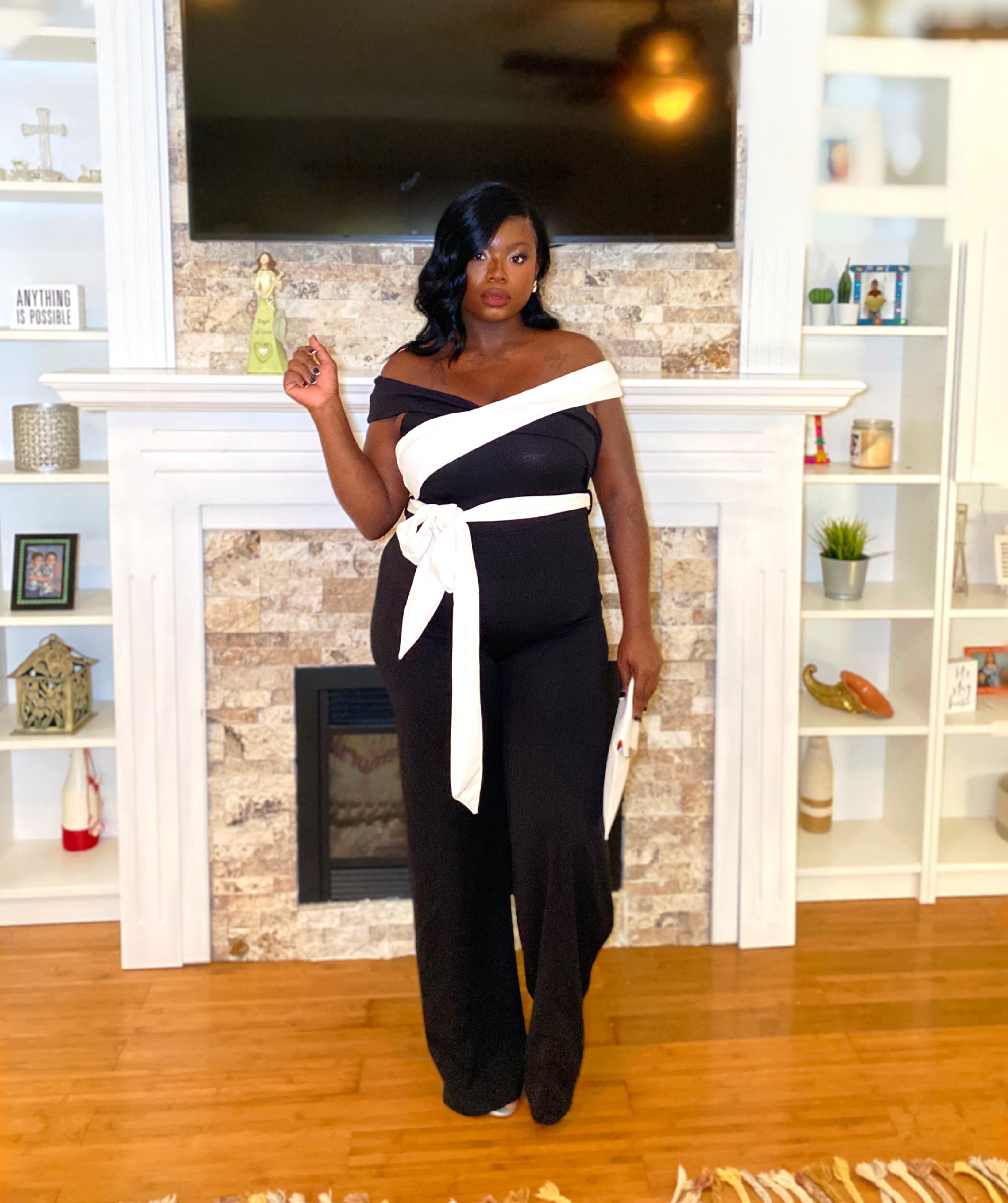 Black white tie front jumpsuit