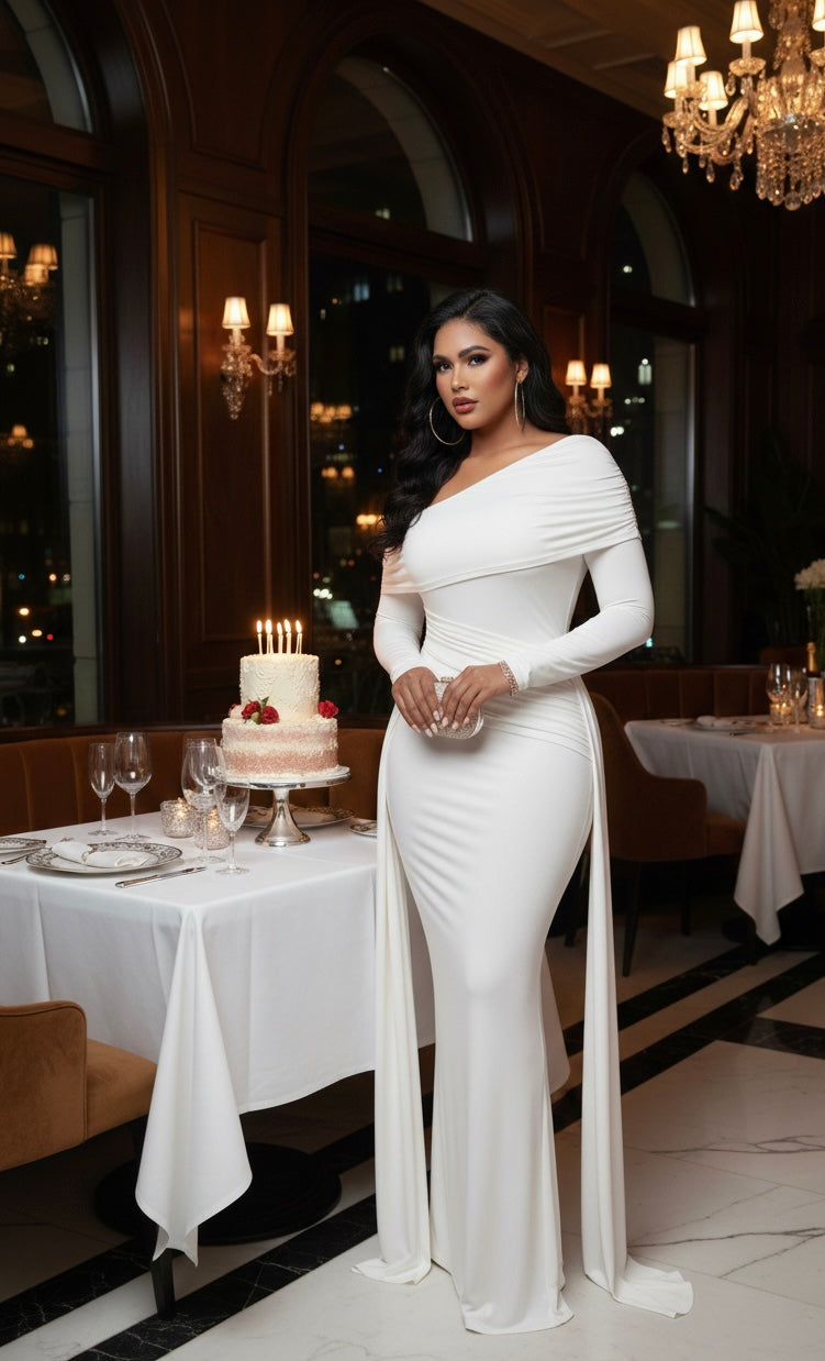 The "Aria" Ruched Drape Gown-White