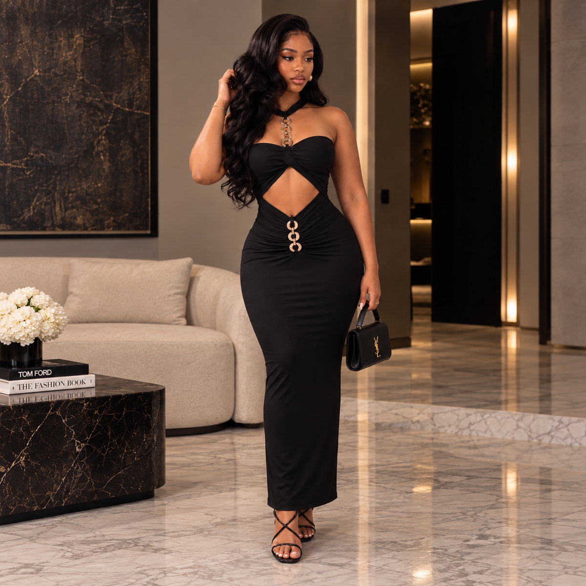 Noir Allure Cutout Maxi Dress- Black