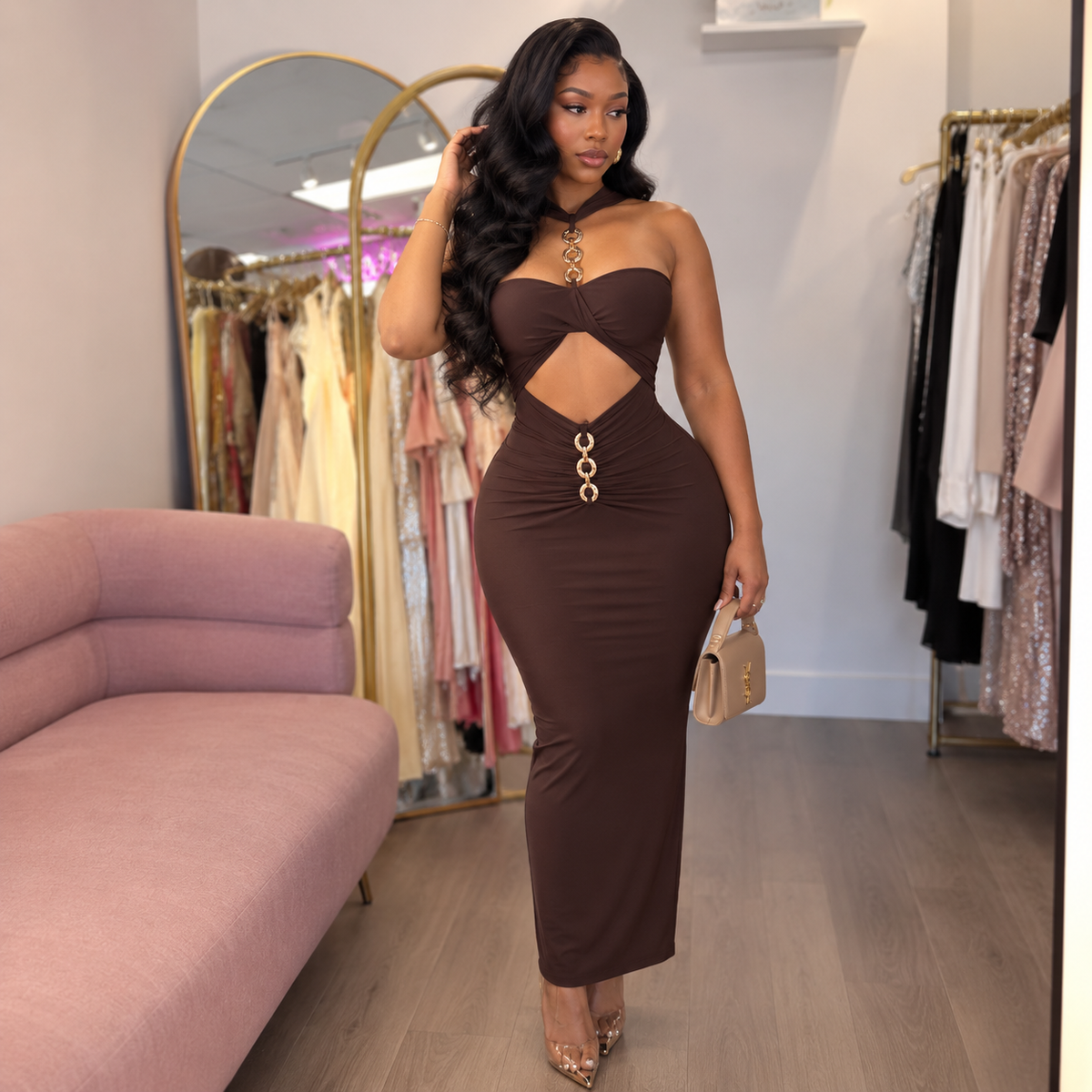 Noir Allure Cutout Maxi Dress- Chocolate
