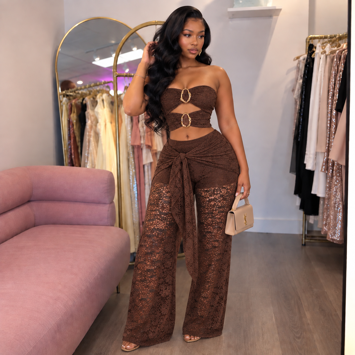 Amour Lace Pants Set- Brown