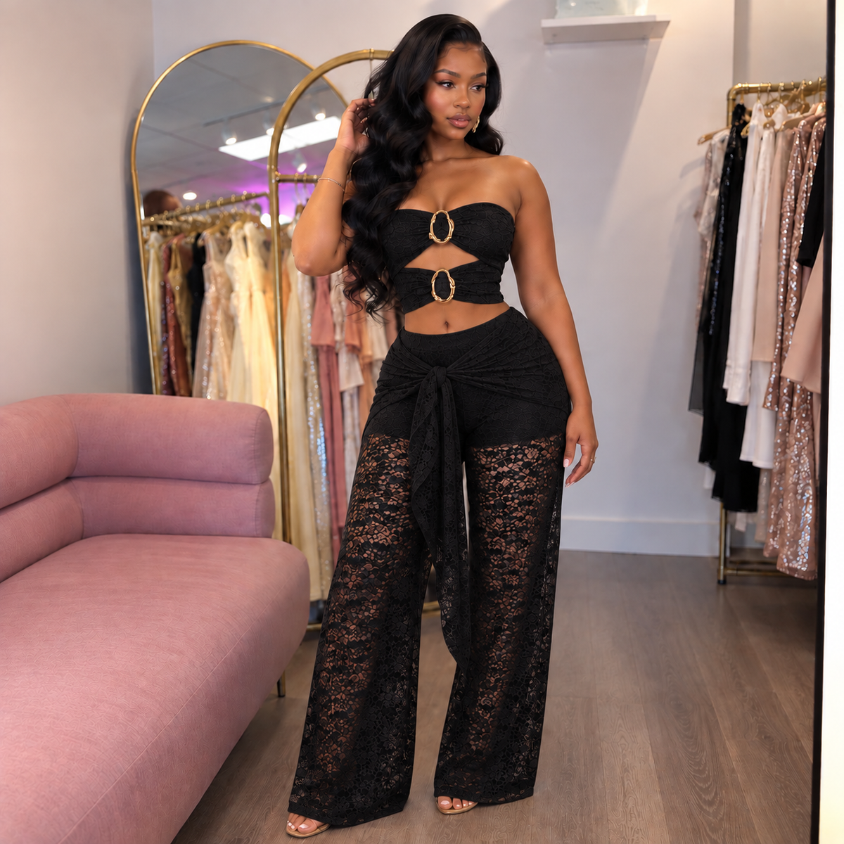 Amour Lace Pants Set- Black