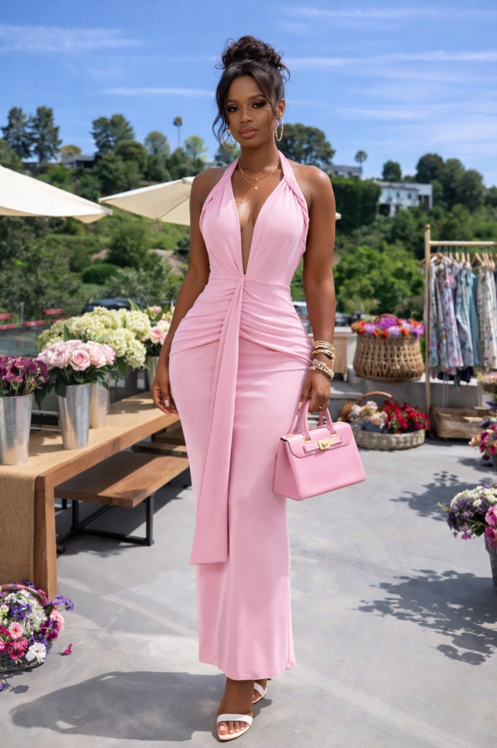 The Rosé Allure Halter Maxi Dress - Pink