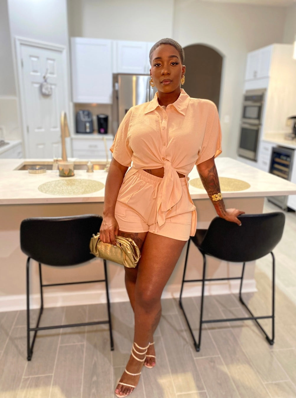 Tie front short set