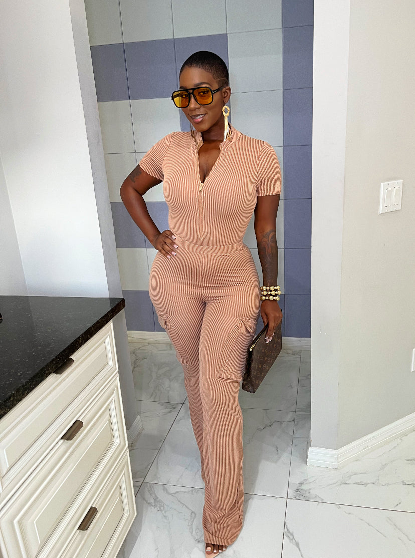 Urban Bodysuit Ribbed Cargo pants set- Mocha