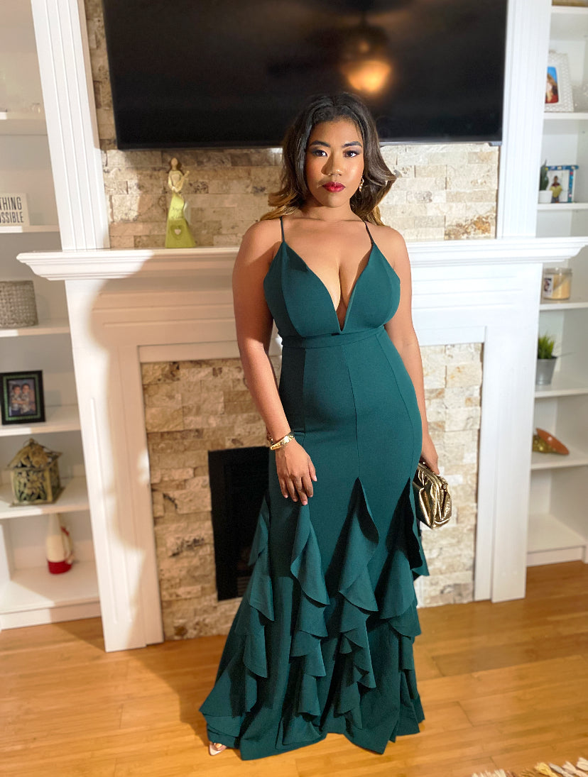 Hunter green ruffles evening dress