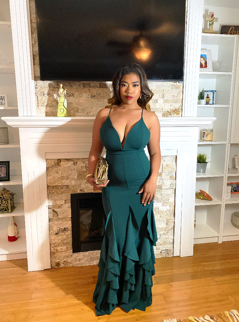 Hunter green ruffles evening dress