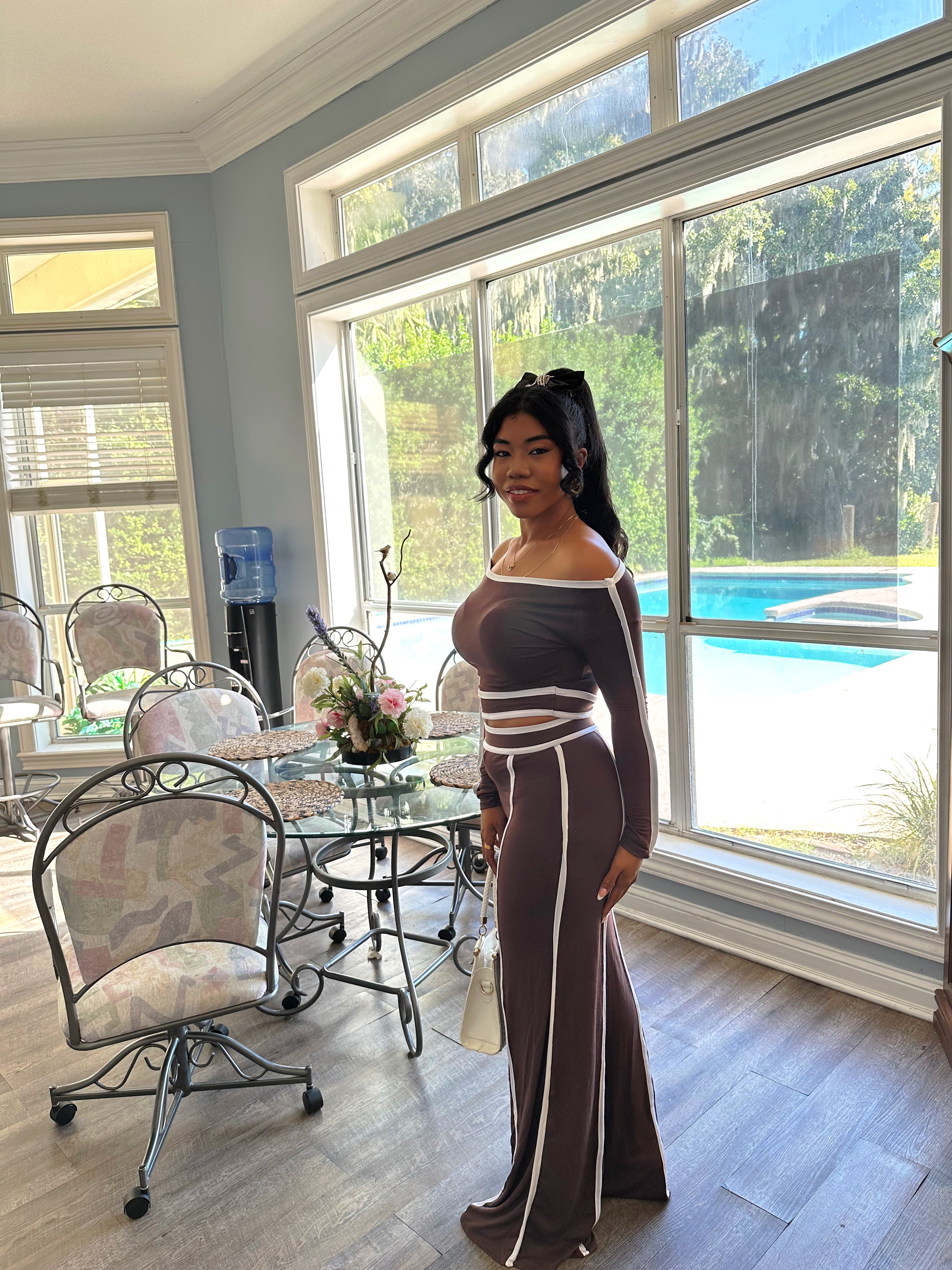 The Rochelle Off-Shoulder Two-Piece Set- Brown