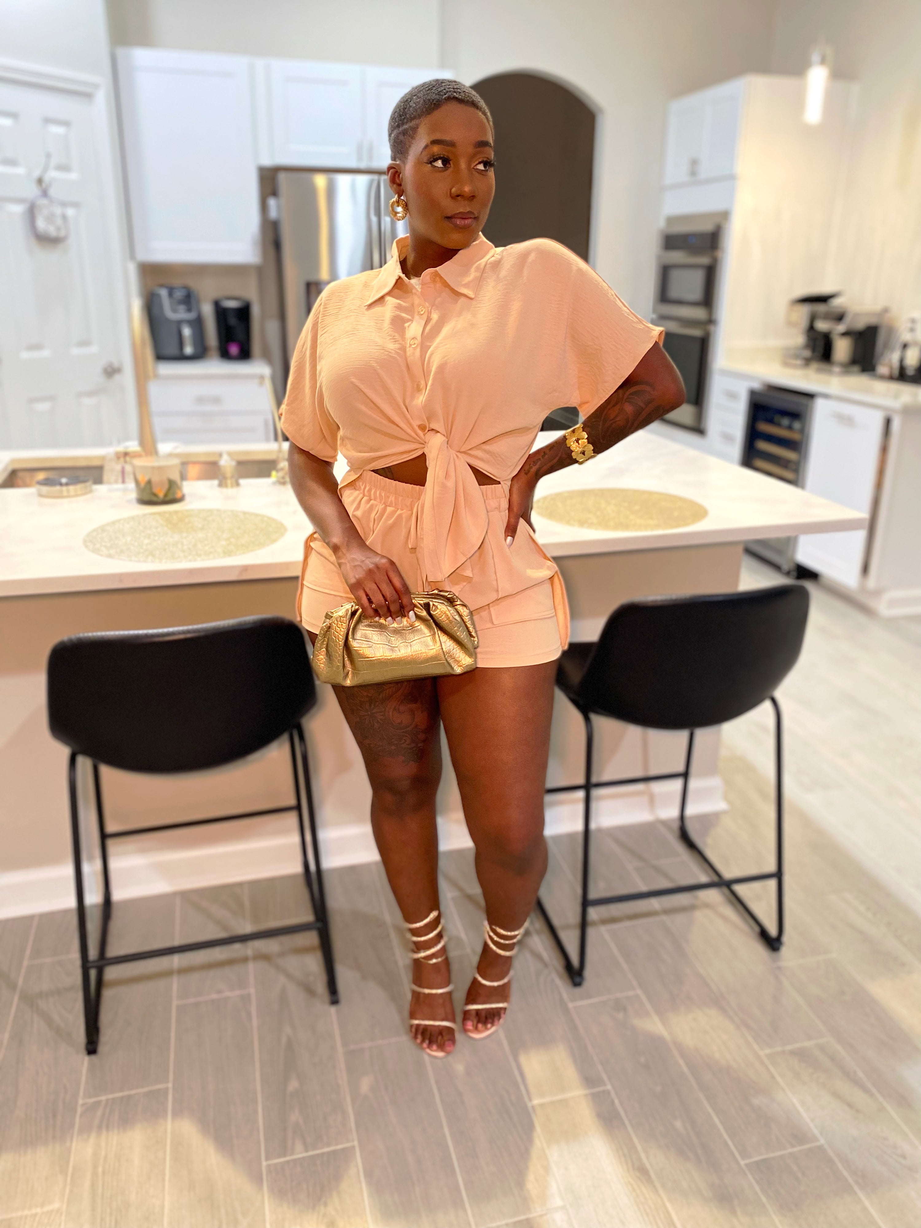 Tie front short set