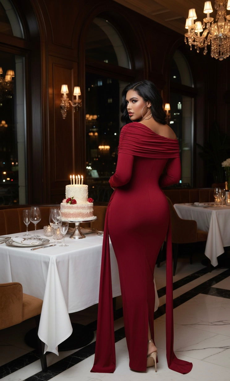 The "Aria" Ruched Drape Gown- Burgundy