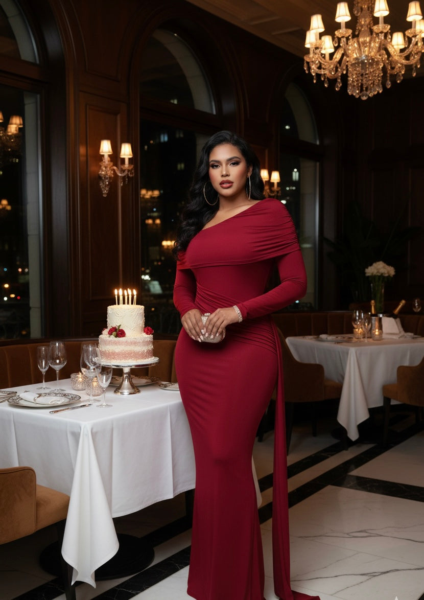 The "Aria" Ruched Drape Gown- Burgundy