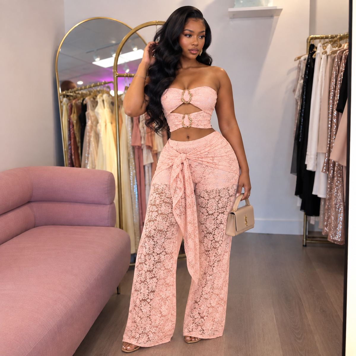 Amour Lace Pants Set- Pink
