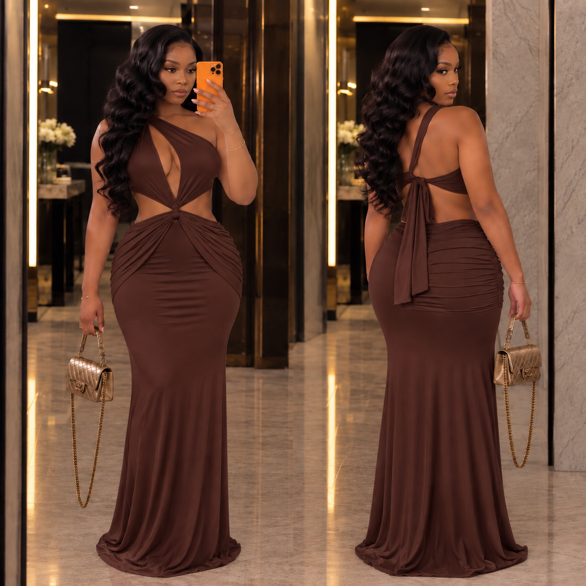 Amara Muse Cutout Maxi Dress- Brown