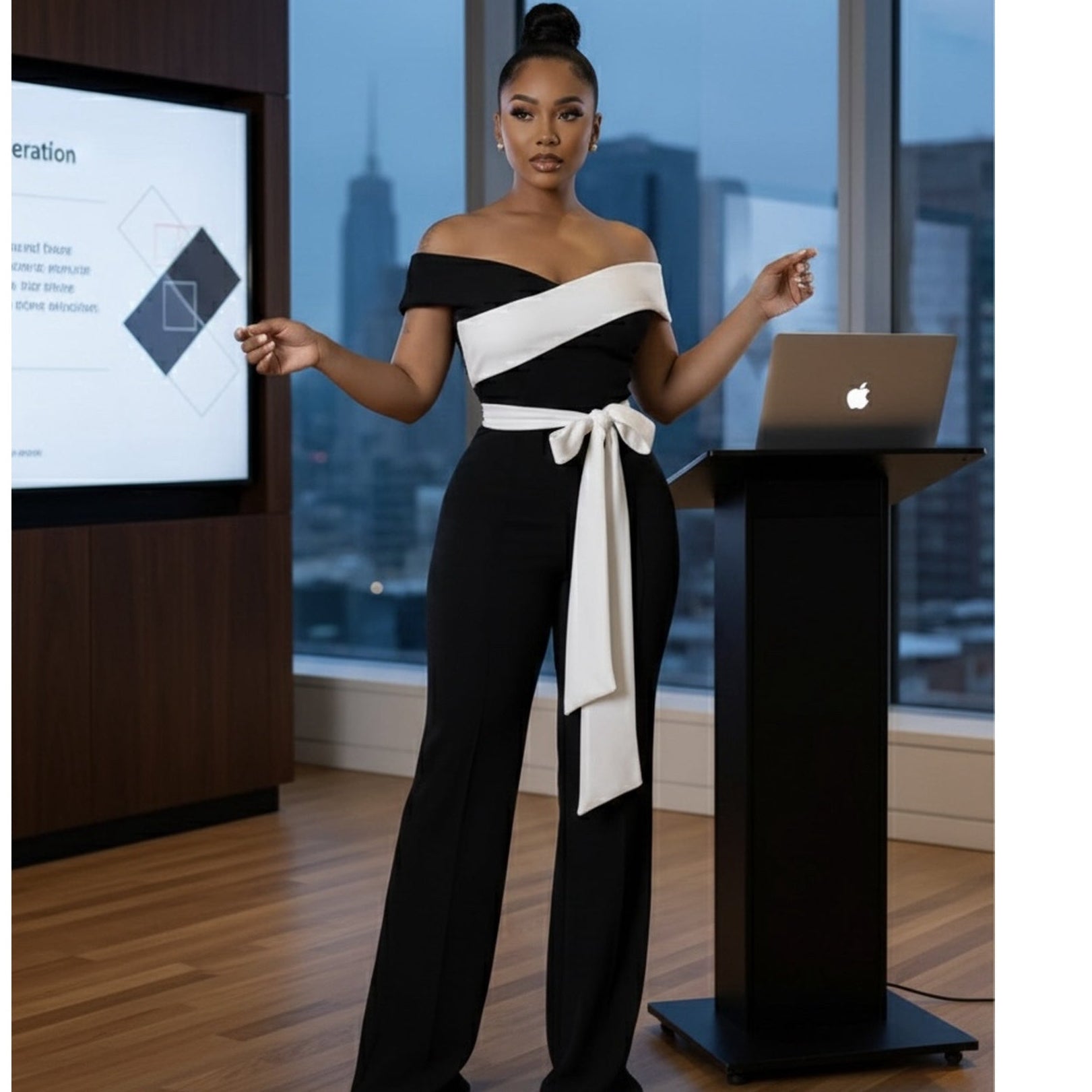 Black white tie front jumpsuit