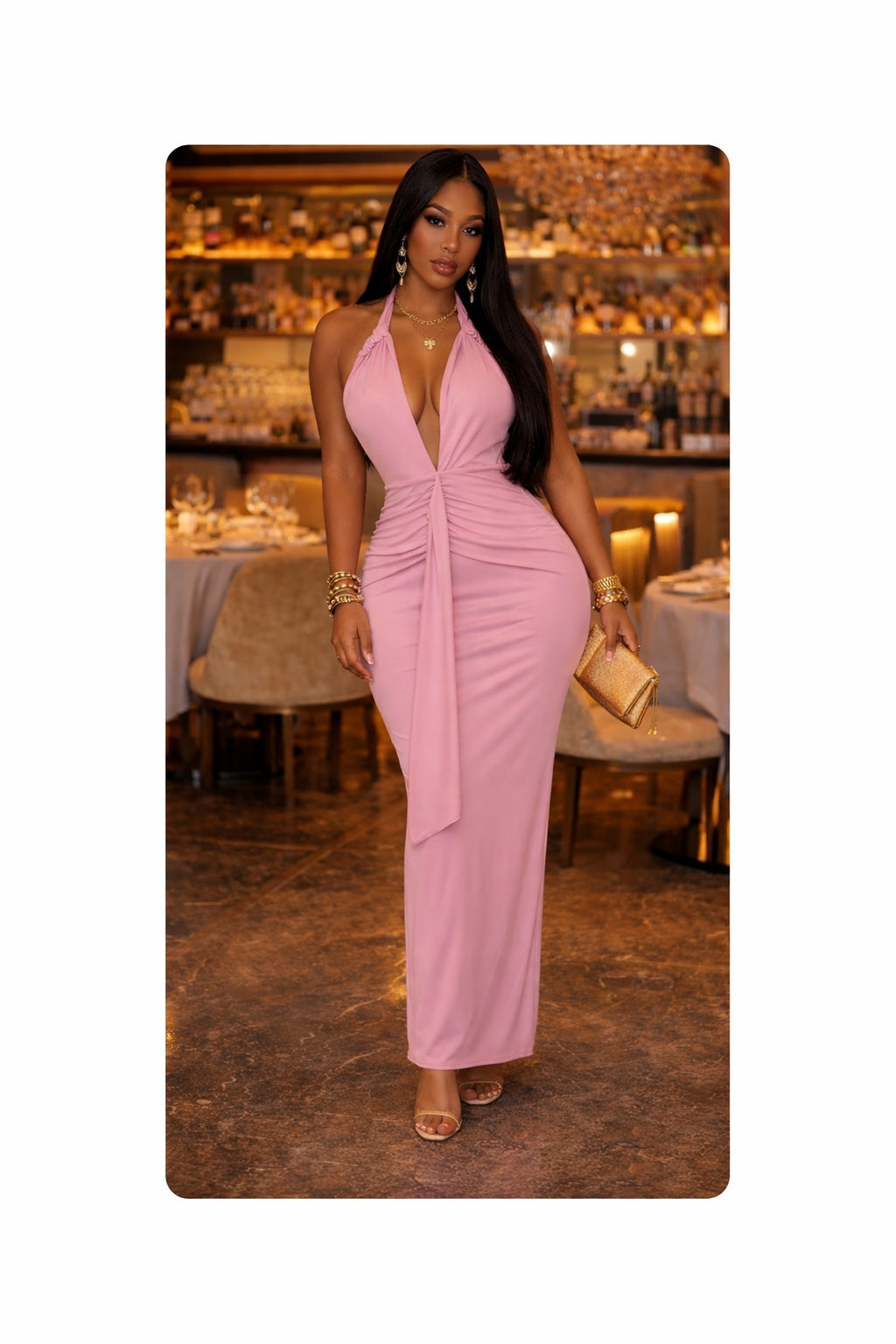 The Rosé Allure Halter Maxi Dress - Pink