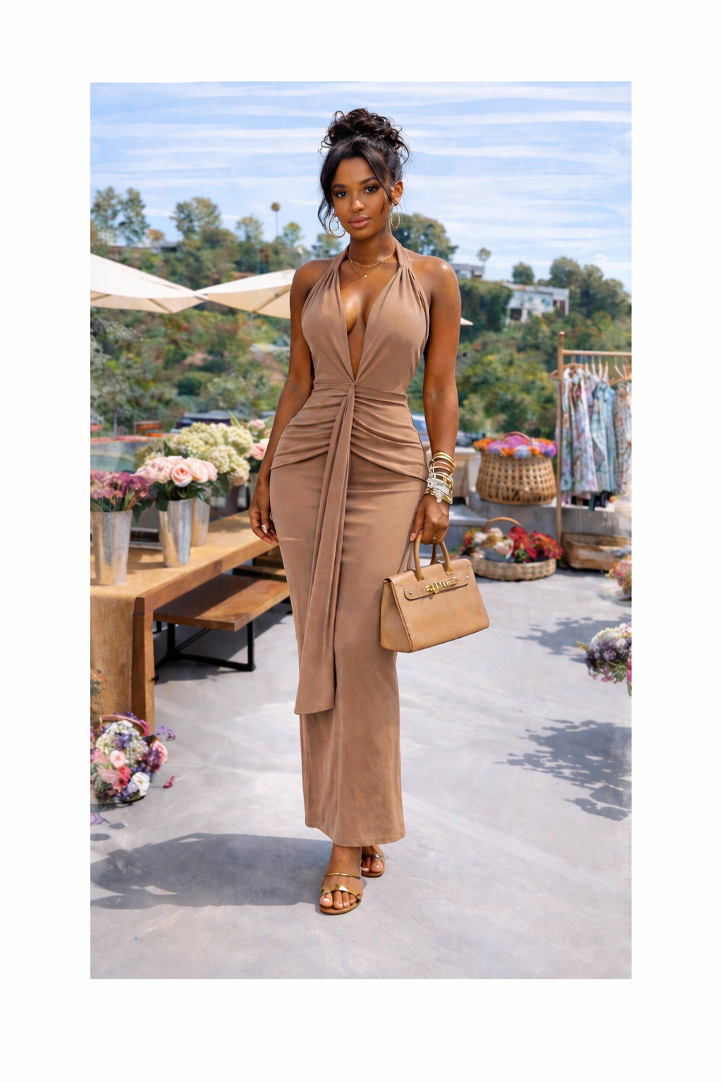 The Rosé Allure Halter Maxi Dress - Mocha