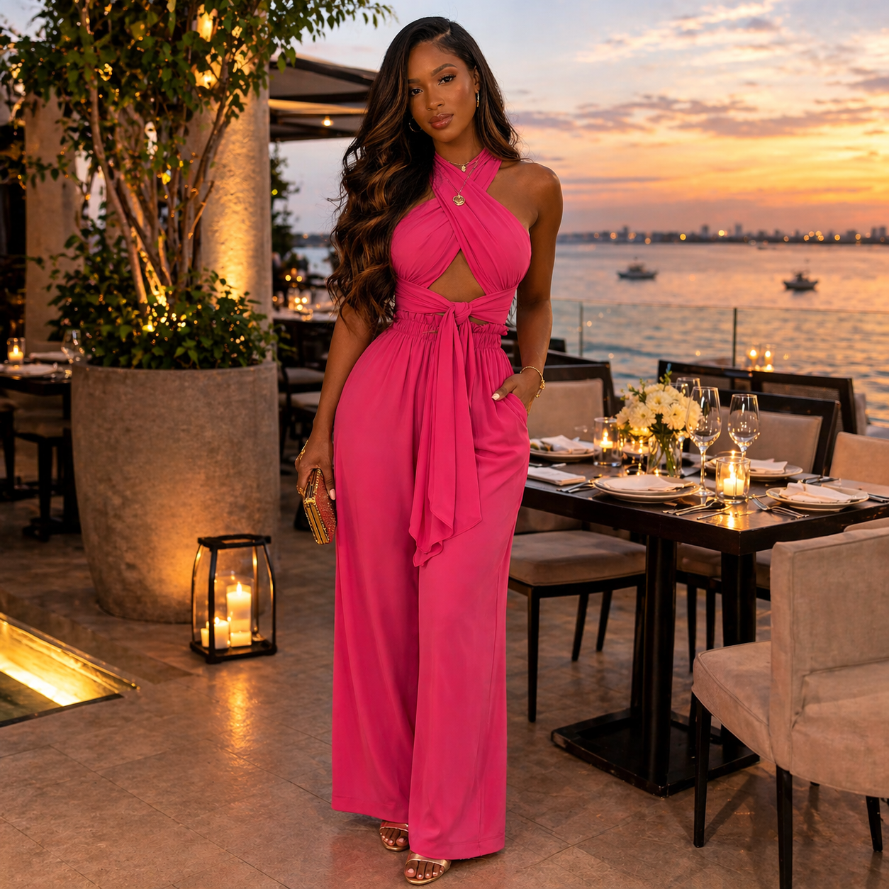 The Amalfi Halter Jumpsuit- Fuchsia